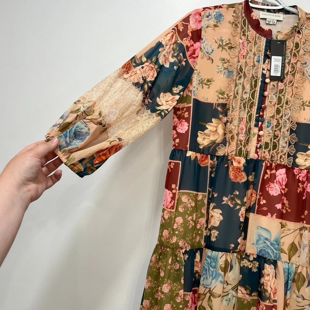 Sachin & Babi Womens Dress Medium NEW Moyer Floral Patchwork Ruffle Long Sleeve - Picture 5 of 8
